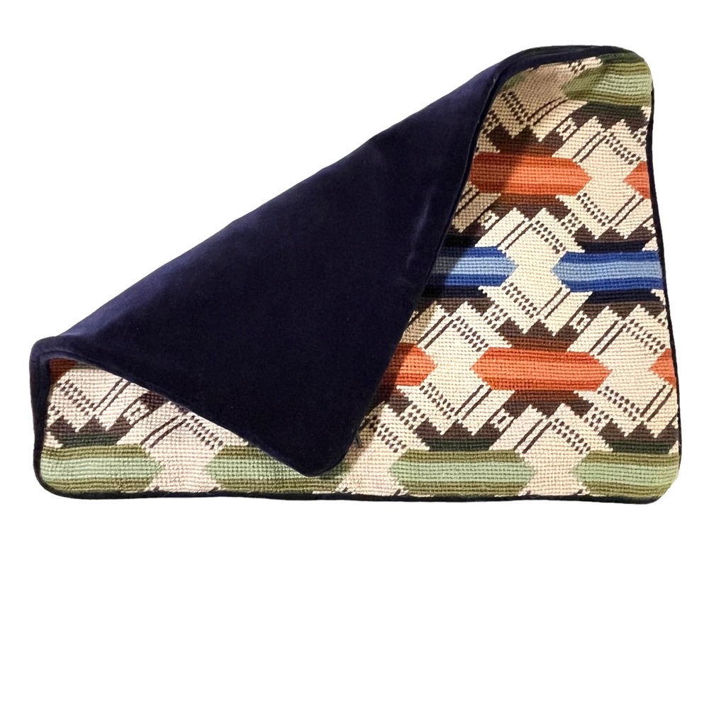 Cross-stitch Accent Pillow Cover orange, navy, cream with velvet navy back - Picture 3 of 5